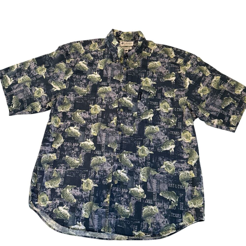 Columbia Sportswear Men L Fishing Shirt Bass Button Front Cotton Short Sleeve